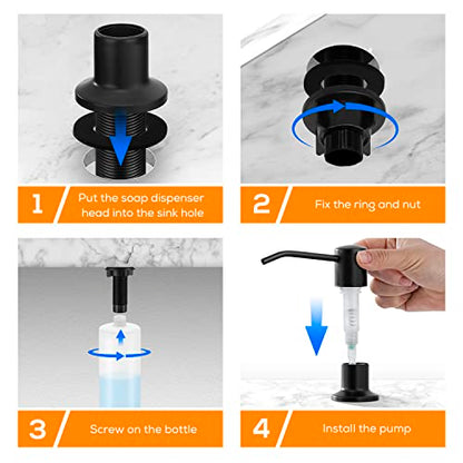 Built in Soap Dispenser for Kitchen Sink Matte Black Stainless Steel Pump Head, Counter Soap Dispenser Refill from The Top with 17 Oz PE Bottle - color: Matte Black