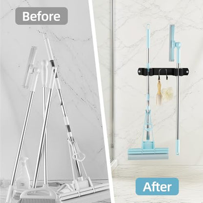 Broom Holder Wall Mount, Stainless Steel Mop and Broom Organizer, Broom Hanger with 2 Slots 2 Hooks for Home Kitchen, Garage, Garden and Laundry Room, Black - color: Black-1 Pack