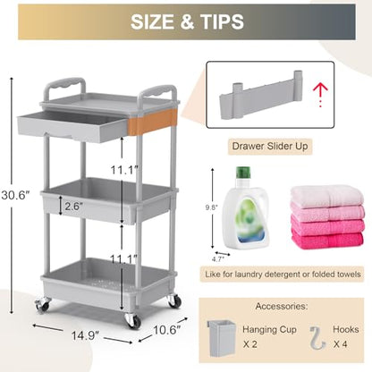 Goovilla 3 Tier Rolling Utility Cart Organizer with Removable Drawer, Stable and Sturdy Grey Rolling Storage Carts with 2 Lockable Wheels for Bathroom, Kitchen, Snack, Craft, Makeup, Baby Essentials - size: 3 Tier, style: Gray