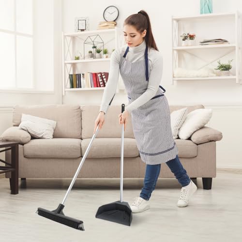 Superio Silicone Dust Pan with 35" Aluminum Long Handle & 16 Pet Hair Remover Silicone Broom - Lobby Dustpan Stand-Up & Carpet Rake Set for Hardwood, Tile, and Rugs - Gray - style: Dustpan with Broom