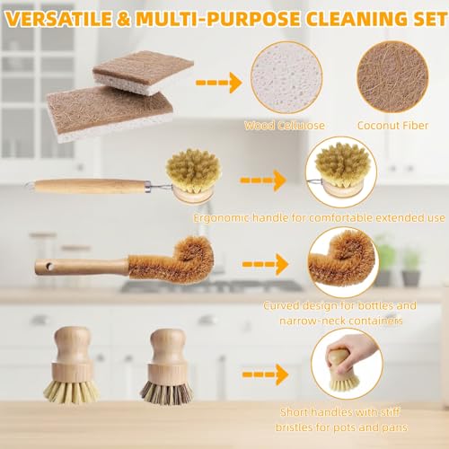 Natural Bamboo Dish Brush Set - 6 PCS Kitchen Cleaning Brush Kit with 4 Utensil Brushes and 2 Coconut Fiber Dish Sponges, for Cleaning Pots, Pans, Dishes, Bottles, Vegetables, and Fruits