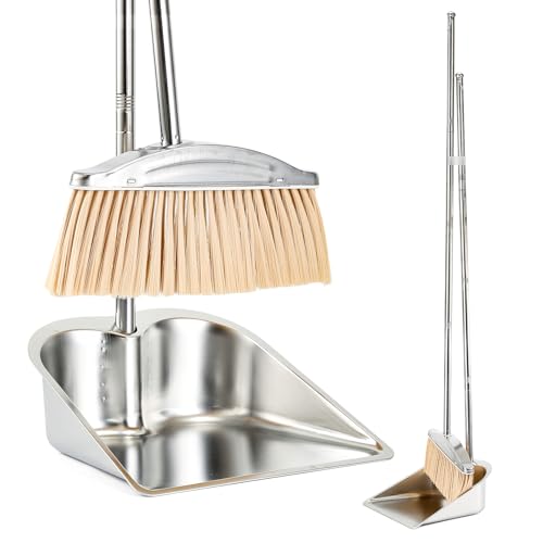 VOOWO Broom with Dustpan Combo Set, 46" Stainless Steel Broom and Dustpan Set for Home, Heavy Duty Dust Pan with Long Handle, Broom for Sweeping Indoor and Outdoor, Kitchen Broom and Dust Pan (Khaki) - color: Khaki