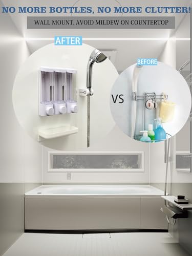 RANKADO Luxury Shower Soap Dispenser Bathroom with Tray,Drill Free Shampoo and Conditioner Dispenser with Mounting Tapes,Shower Soap Dispenser with Labels,Shampoo Dispenser for Shower Wall - color: 300ml X 3 （transparent）