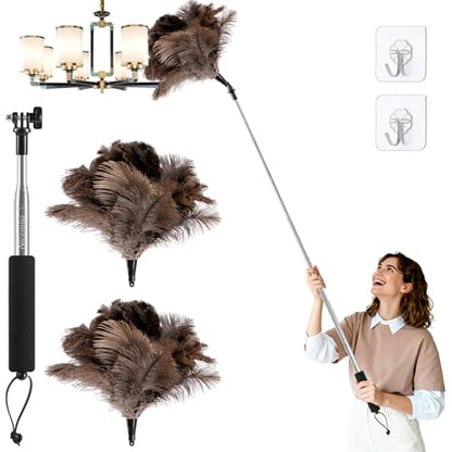 Extendable Ostrich Feather Duster with 19-49 inch Rotatable Stainless Steel Pole, Natural Feather Duster for Ceiling Fan Cobweb Dusting, Reusable Flexible Cleaning Duster(Include 1 Replacement Heads) - color: 49in-brown