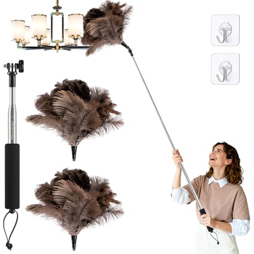 Extendable Ostrich Feather Duster with 19-49 inch Rotatable Stainless Steel Pole, Natural Feather Duster for Ceiling Fan Cobweb Dusting, Reusable Flexible Cleaning Duster(Include 1 Replacement Heads) - color: 49in-brown