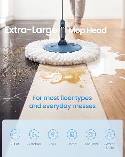 SONGMICS Spin Mop and Bucket Set with Pedal Wringer, Floor Cleaning Mop, Adjustable Telescopic Handle, Max. 59.1-Inch Length, 360° Rotating Head, 4 Microfiber Pads, Blue and Gray ULMB002QT04 - color: Blue + Gray, size: 4 Pads