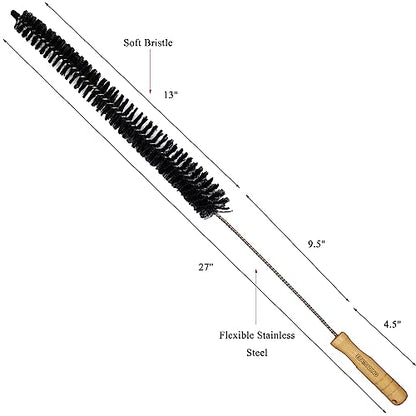 Bristle and Flexible Brush 27 Inch for Clothes Dryer Lint Vent Trap Cleaning, Refrigerator Coil, Drain Pipes and Radiators Cleaning (Wood Handle - 2 Pack)