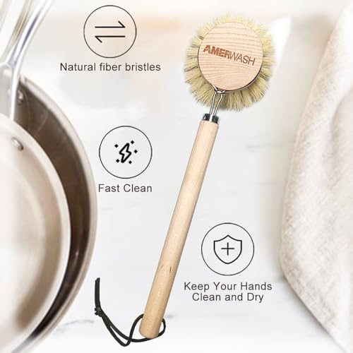 AMERWASH PLUS Dish Brush with Wooden Handle, Natural Kitchen Brush for Dishes Vegetable, Pots and Pans, Tampico Fiber Bristles Scrubber, Extra 3 Pack Replacement Head Included - size: 4 Piece Brush Set with Replacement Heads