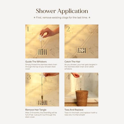 DrainWig Shower Drain Hair Catcher – Disposable Bathroom Hair Trap, Easy to Install in Shower Drain Cover, Helps Prevent Clogs – As Seen on Shark Tank – White Flower (4-Pack) - color: White Flower, size: 4 Count