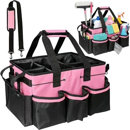 Wearable Cleaning Caddy Organizer with Handle & Adjustable Shoulder Strap 4 Foldable Compartments, Cleaning Supplies Caddy for Housekeepers, Car, Home, Hotel & Outdoor Cleaning Bag（Pink）