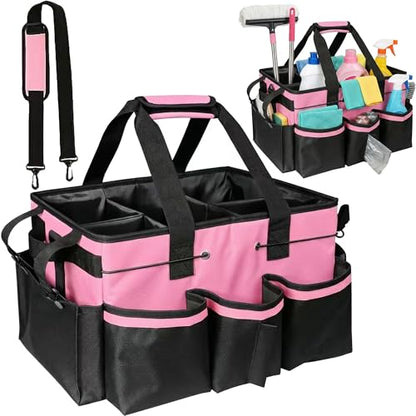 Wearable Cleaning Caddy Organizer with Handle & Adjustable Shoulder Strap 4 Foldable Compartments, Cleaning Supplies Caddy for Housekeepers, Car, Home, Hotel & Outdoor Cleaning Bag（Pink）