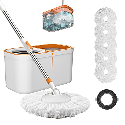 Floor Spin Mop and Bucket Set with Wringer System Extended Stainless Steel Handle 61＂for Home Floor Cleaning Use with 5 Replacement Head Refill and 1 Cleaning Brush Head - color: White & Orange