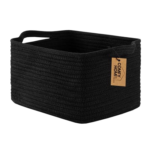 COMFY-HOMI Cotton Rope Woven Basket with Handles for Shelves,Toys,Book, Cloth Storage Baskets Bin for Organizing- 1 PCSToy Decorative Organizer for Living Room, Bathroom - color: Black, size: 13.5"X11"X9.5"