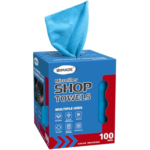 UNIMADE Shop Towels, 100 Sheets Microfiber Cleaning Cloth Commercial Grade Washcloths Lint-Free Bulk Shops Rags for Cars Mechanic Restaurant Garage Housekeeping, 11"x 9", Blue - color: Blue