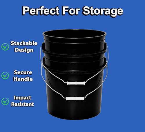 MKS Plastics 5-Gallon Bucket Only – No Lid Included, Made in USA, Food Grade BPA Free Plastic, Heavy Duty Multi-Use, Metal Handle with Grip, Stackable Storage – Black, 1 Pack - color: Black, size: 1