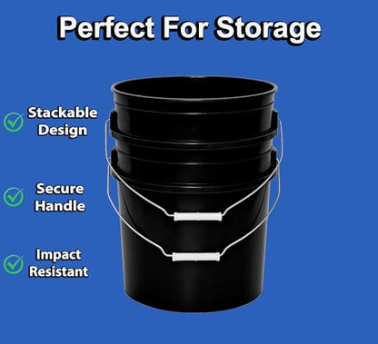 MKS Plastics 5-Gallon Bucket Only – No Lid Included, Made in USA, Food Grade BPA Free Plastic, Heavy Duty Multi-Use, Metal Handle with Grip, Stackable Storage – Black, 1 Pack - color: Black, size: 1