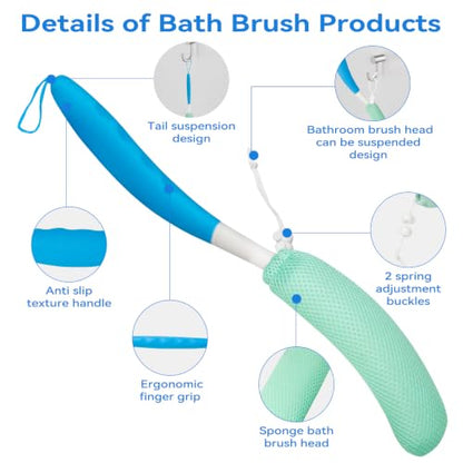 Back Scrubber for Shower，Mesh Sponge Body Shower Brush with Long Handle for Use in Shower Back Scrubber,Back Scrub for Exfoliating Body Scrubber or Shower Brush (Blue and Blue) - size: Blue+Blue Handle (YS0125)