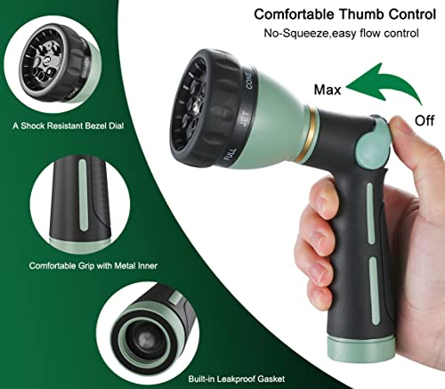 FANHAO Garden Hose Nozzle Heavy Duty, 100% Metal Water Hose Nozzle Sprayer with 8 Spray Patterns, High Pressure Sprayer Nozzle with Thumb Control, On Off Valve for Garden Watering, Car & Pet Washing - color: Light Green