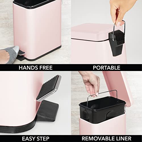 mDesign Small Modern 1.3 Gallon Rectangle Metal Lidded Step Trash Can, Compact Garbage Bin with Removable Liner Bucket and Handle for Bathroom, Kitchen, Craft Room, Office, Garage - Light Pink - color: Light Pink, size: 1.3 Gallon