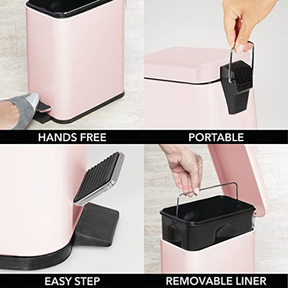 mDesign Small Modern 1.3 Gallon Rectangle Metal Lidded Step Trash Can, Compact Garbage Bin with Removable Liner Bucket and Handle for Bathroom, Kitchen, Craft Room, Office, Garage - Light Pink - color: Light Pink, size: 1.3 Gallon