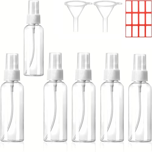 2 oz Small Spray Bottles for Travel, TSA Approved Clear Plastic Fine Mist Travel Size Toiletries Containers, Leak-Proof Refillable Empty Mini Liquid Cosmetics Dispenser Kit with Funnels & Labels