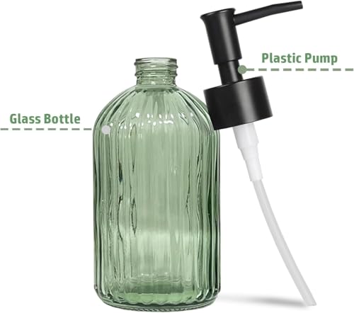 14 Oz Black Pump Glass Soap Dispenser, Green Stripe Countertop Refillable Liquid Bottle Hand Dish Lotion Dispenser with Plastic Pump, for Kitchen, Bathroom, 2 Pack - color: 2 Packs Green