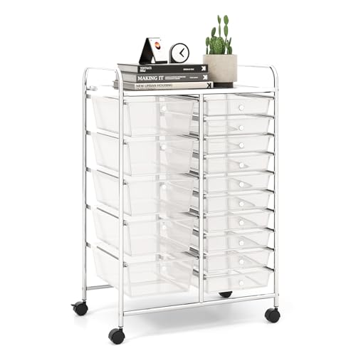 LDAILY 15 Drawer Rolling Storage Cart, Rolling Cart with Drawers for Classroom, Art Supply Craft Organizer on Wheel with Metal Frame & Handles for Home Office School - color: Clear, size: 15 Drawer