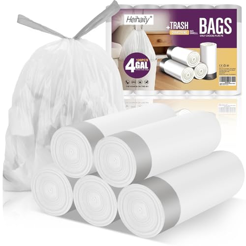 4-Gallon Trash Bag Small-Garbage-Bags With-Drawstrings - 120 Counts Unscented Tiny Size Clear White Waste Basket Plastic Liners 15-20 Liter Disposable for Office Car Bathroom Kitchen - style: 4Gal white 120 Counts