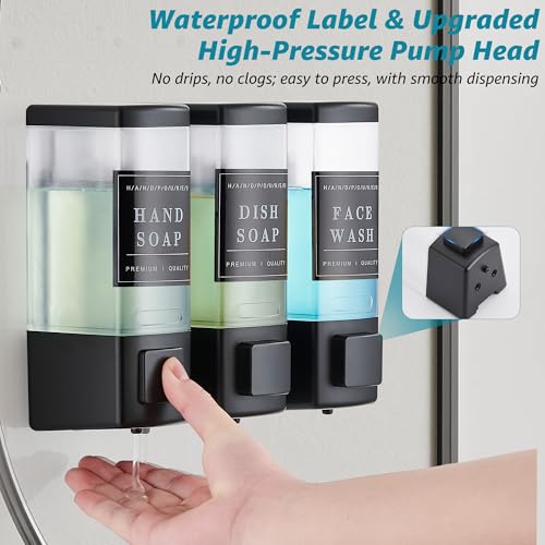 Shampoo and Conditioner Dispenser for Shower,3 Chamber, Black | Wall Mounted, No Drill, 3×16.9oz,ABS Plastic Material,Refillable With Labels, For Bathroom Hotel - color: Black