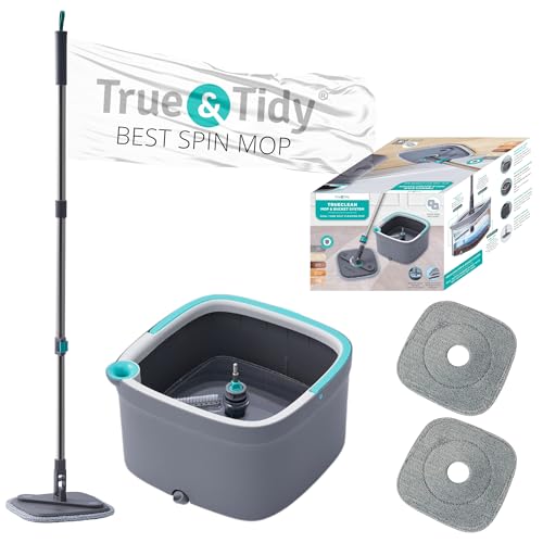 Spin Mop and Bucket with Separate Compartments for Clean and Dirty Water NEW 2025 Upgraded Version w/Side Brush and Self Standing Handle, Smart Square Mop w/ 2 Machine Washable Microfiber Pads, Gray - color: Gray