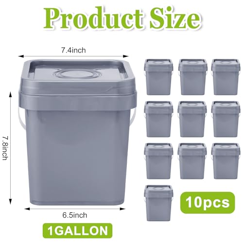 Suzile 10 Pcs Food Grade Square Bucket with Lid 1 Gallon Plastic Bucket 4.5L Utility Industrial Pail with Handle Container for Food Oil Tub Water Fishing Paint House Cleaning Car Washing(Grey) - color: Gray