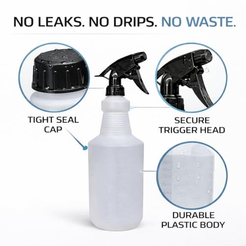 32 oz Spray Bottles 2 Pack, Heavy Duty Spray Bottle with Adjustable Nozzle Mist & Stream, Refillable Plastic Spray Bottles with Measurements (mL/oz), Leakproof Chemical Resistant Cleaning Spray Bottle