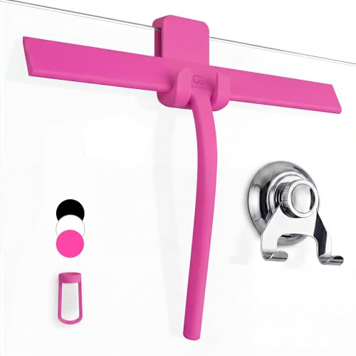 GÜTEWERK Silicone Shower Squeegee for Glass Doors & Mirrors with Stainless Steel Core, Streak-Free & No-Squeak Window Cleaning, 3-in-1 No-Drill Mount (Hook/Suction/Adhesive),Pink, 15 Inches - color: Pink, size: 15 Inches