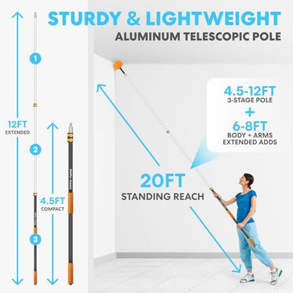 Simpli-Magic 20 Foot High Ceiling Duster Kit with 5-12ft Heavy Duty Extension Pole,High Reach Duster for Cleaning,Microfiber Feather Duster,Cobweb & Ceiling Fan Duster,Window Squeegee & Cleaner,Orange - color: Orange