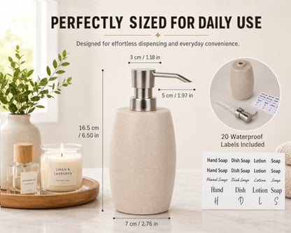 Clasin Home Sandstone Textured Resin Soap Dispenser with Metallic Pump and Waterproof Bottle Labels for Bathroom Kitchen Dish Hand Wash Shower Lotion Shampoo, 12 Oz, 2 Sets Beige - color: Natural Beige_2 Pcs