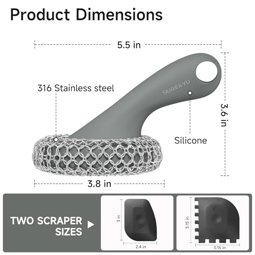 SUBEKYU Cast Iron Scrubber with Silicone Handle, Stainless Steel Skillet Cleaner for Cast Iron Pans (Gray Scrubber + Scraper) - color: Gray Scrubber + Scraper