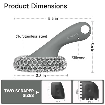 SUBEKYU Cast Iron Scrubber with Silicone Handle, Stainless Steel Skillet Cleaner for Cast Iron Pans (Gray Scrubber + Scraper) - color: Gray Scrubber + Scraper