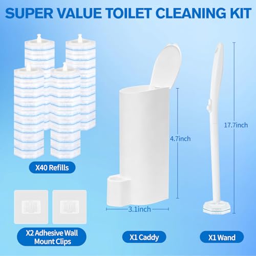 Disposable Toilet Bowl Brush and Holder - Toilet Bowl Wand Refills with Toilet Bowl Cleaner, Includes 40 Refill Heads for Clorox Toilet Brush, Wand & Storage Caddy - Won't Fall Apart - size: Starter Kit+40 Refill Heads