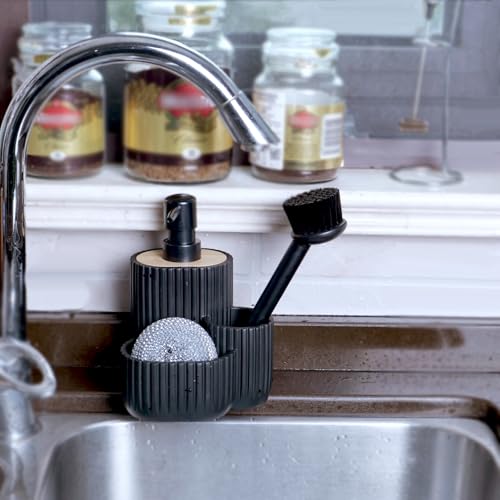 Multifunctional Soap Dispenser, Sponge Holder & Brush Holder – Scrub Daddy Soap Dispenser, 3 in 1 Liquid Hand Dish Soap Dispenser Sink Caddy Organizer for Kitchen Bathroom Countertop black