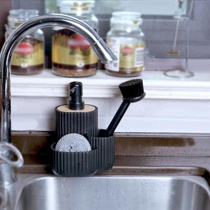Multifunctional Soap Dispenser, Sponge Holder & Brush Holder – Scrub Daddy Soap Dispenser, 3 in 1 Liquid Hand Dish Soap Dispenser Sink Caddy Organizer for Kitchen Bathroom Countertop black