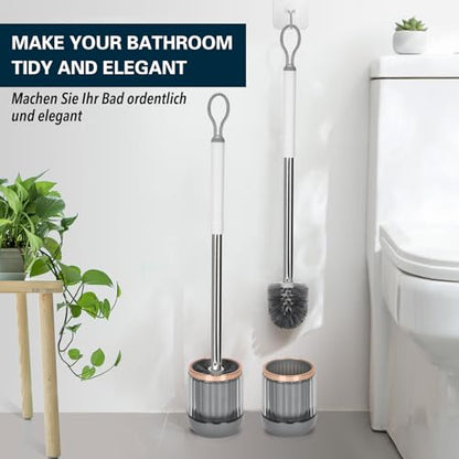 Toilet Bowl Brush and Holder 2 Pack Long Handle Toilet Brush for Bathroom with Separate Base for Floor and Wall Mounted Plastic Toilet Brush Set Under The Rim Household Cleaning (White)