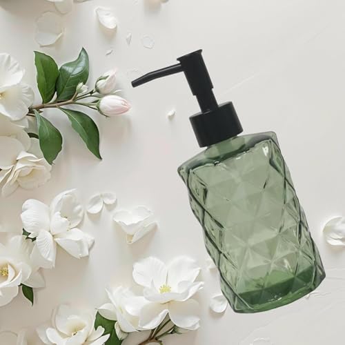 12Oz Small Glass Soap Dispenser with Black Plastic Pump, Green Refillable Kitchen Countertop Liquid Hand Soap Dispensers with Diamond Design, Crystal Bathroom Lotion Bottle for Dish Soap, 2 Set - color: 2 Pack Diamond Green