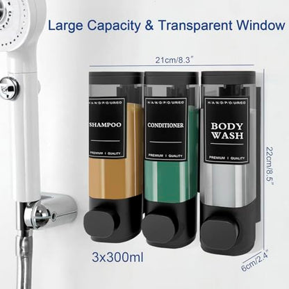 3-Chamber Wall Mount Shower Dispenser, No-Drill or Drill Install for Shampoo, Conditioner, Body Wash, Refillable Soap Dispenser for Home, RV & Hotel, Eco-Friendly & Space-Saving (Matte Black) - color: Matte Black
