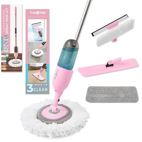 Heavy Duty Spray Mop Kit for Floor Cleaning, Refillable Water Tank, Use Any Cleaning Solution with Machine Washable Pads, Includes Flat Mop Head, Round, Squeegee Head - color: Pink, size: Spray Mop Kit