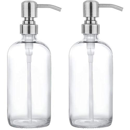 2 Pack Thick Clear Glass Pint Jar Soap Dispenser with Silver Stainless Steel Pump, 16ounce Clear Boston Round Bottles Dispenser with Rustproof Pump for Essential Oil, Lotion Soap - color: Silver