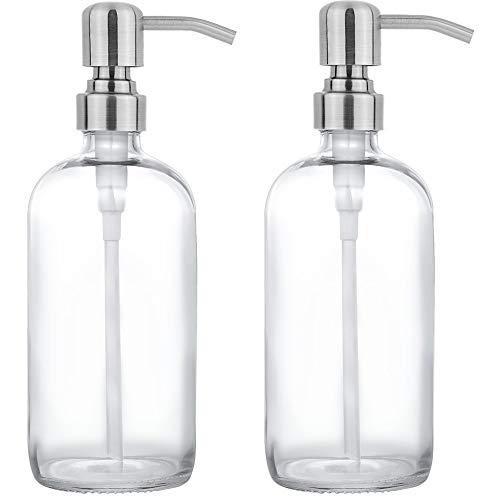 2 Pack Thick Clear Glass Pint Jar Soap Dispenser with Silver Stainless Steel Pump, 16ounce Clear Boston Round Bottles Dispenser with Rustproof Pump for Essential Oil, Lotion Soap - color: Silver