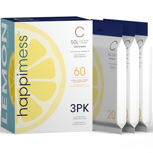happimess 13.2 Gallon (50L) Drawstring Trash Bags, Lemon Scent, White, Heavy Duty MDPE Liners for Kitchen and Household, Odor Control, Custom Fit 60 Count (3-Packs of 20 Liners) HPM3100C-WHITE - color: White (Lemon Scented), size: 60 Count (Pack of 1)
