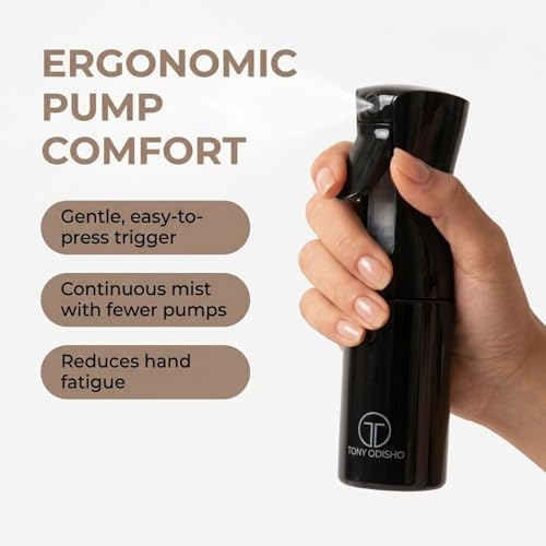Professional Continuous Fine Mist Spray Bottle – Refillable Ultra-Fine Mister w/ 360° Spray for Hair Styling, Curls, Plants & Household Cleaning – Sleek Black Design for Salon or Home Use