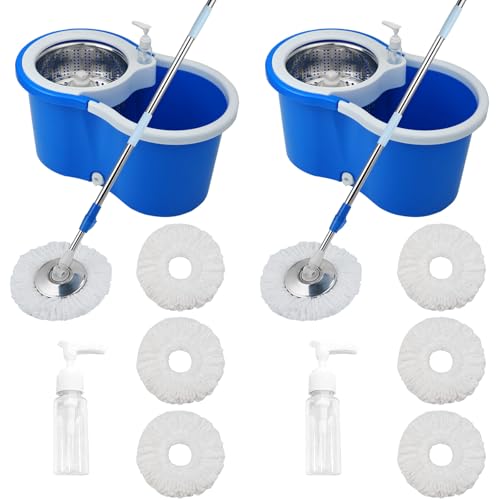 Mop and Bucket Set, 360° Spin Mop and Bucket with Wringer Set and 6 Microfiber Mop Refills, Stainless Steel 61" Extended Handle Spinning Mop Bucket System for Floor Cleaning (2 Sets) - color: Blue*2
