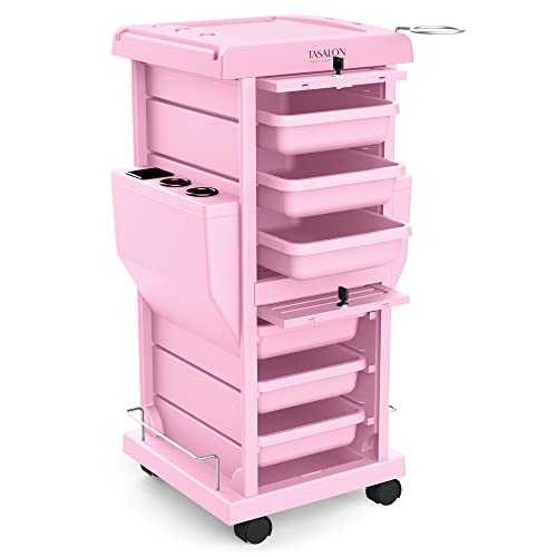 TASALON Professional Salon Trolley Cart, Lockable 6 Trays & 2 Holders, Space Saving Mobile Storage for Hair Salon and Beauty Station - Pink - color: Pink